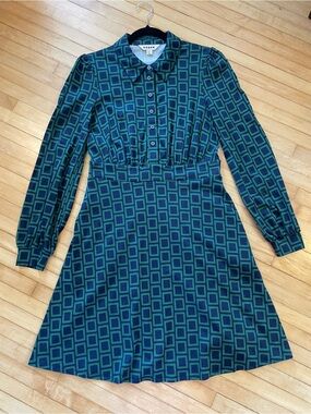 BODEN Orla Short Jersey Knit Dress Geometric Dark Green Navy Fit and Flare 8R